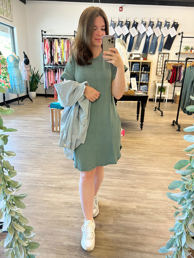 Ribbed T-shirt Dress in Vintage Olive